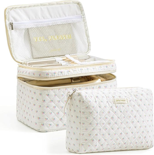 HBselect 2Pcs Travel Makeup Bag, Large Cotton Quilted Makeup Bag Cosmetic Bag Cute Make up Bag Toiletry Bags for Women Girls