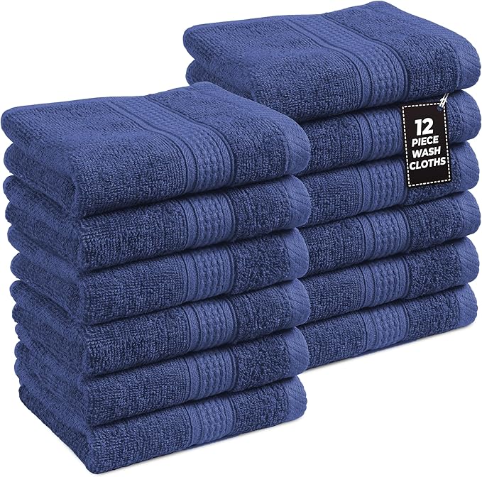 LANE LINEN Washcloths Pack of 12 - Spa & Salon Quality - 100% Ring Spun Cotton Face Cloths - Soft & Ultra Absorbent Wash Cloth Set for Body, Beauty, Home, Gym - Fingertip Towels - 13"x13", Navy Blue