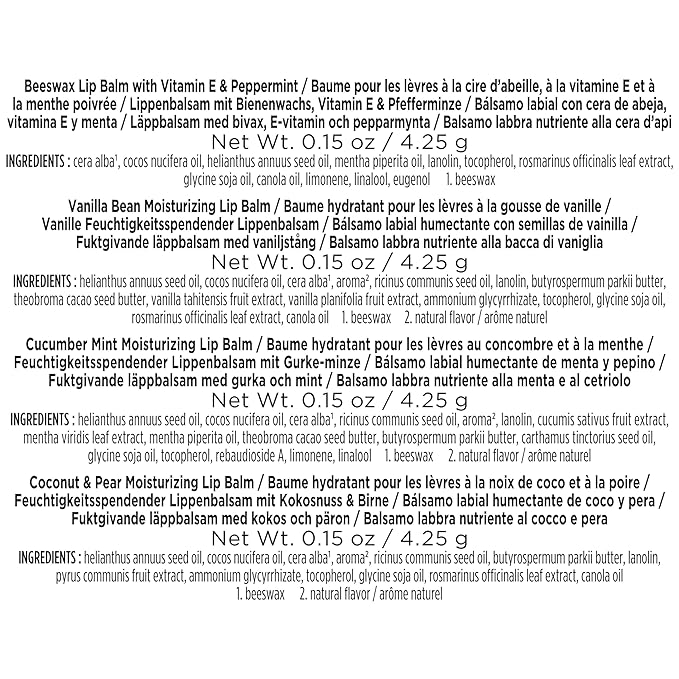 Burt's Bees Lip Balm - Balm Bouquet Set, Original Beeswax, Vanilla Bean, Cucumber Mint, Coconut & Pear Pack, Natural Origin Lip Treatment With Beeswax, 4 Tubes, 0.15 oz.