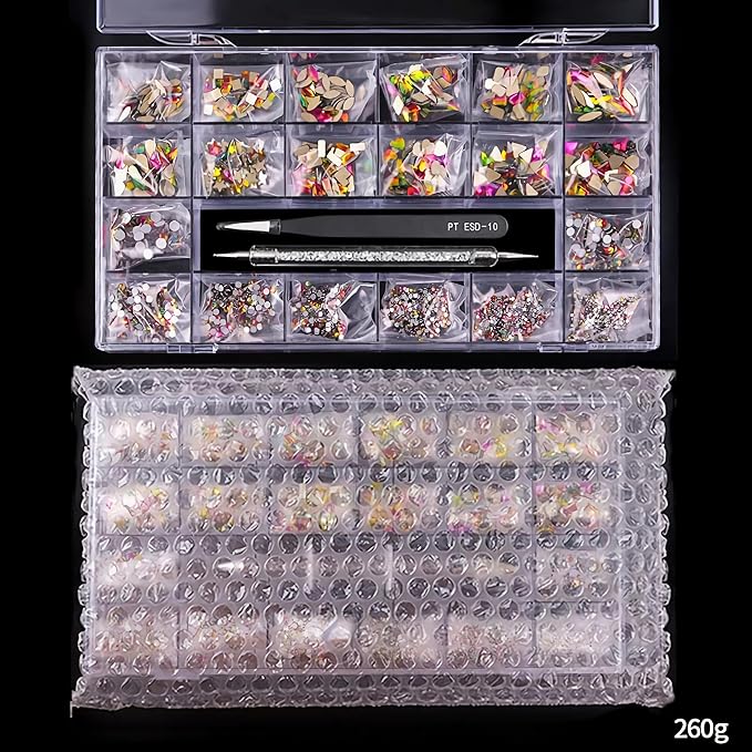 12 Types of Colorful 600 Diamonds + 2500 Flat Rhinestones Mix 20 Styles Flatback DIY Crafts Rhinestone Crystals 3D Decorations Flat Back Stones Set +Tweezers + Drill Pen