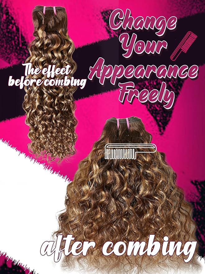 Human Hair Bundles 4 Bundles Hair Extensions 14 16 18 20 Inch Water Wave 100% Unprocessed Curly Brazilian Virgin Hair Wet and Wavy Human Hair Brown Highlight P4/27