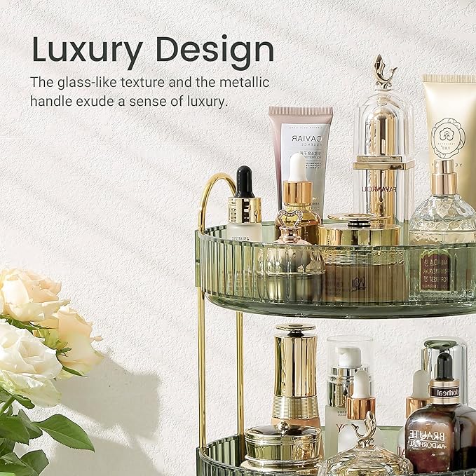 Aveniee Rotating Makeup Organizer for Vanity, 3 Tier Skin Care Perfume Bathroom Counter Organizers and Storage, Clear Spinning Cosmetics Storage Holder for Dresser(Green)
