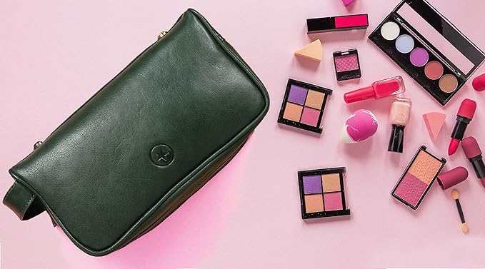 Aaron Leather Goods Leather Toiletry Bag for Men and Women Brown 10.5 Inch (Green)