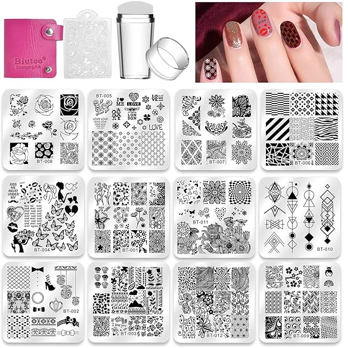 Biutee Nail Stamping Plates Set - 12pcs Templates, 8 Colors, Stamper, Scraper, Storage Bag - Animal & Flower Design Nail Art Plates