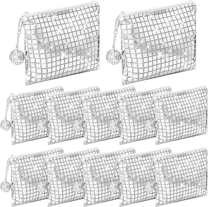 12 Pack Disco Cosmetic Bags Portable Silver Glitter Sequin Mirror Makeup Organizer with Zipper, Suit for Bachelorette, New Years Eve, 70s, 80s, 90s Disco Party Favors