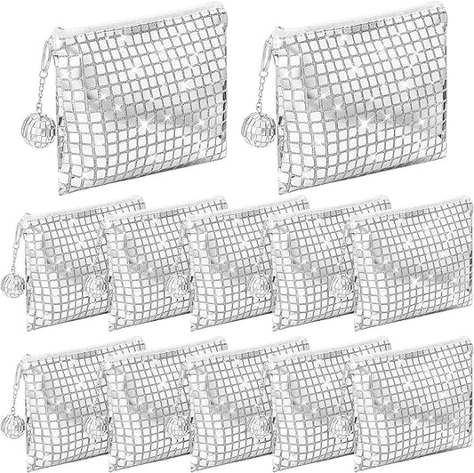 12 Pack Disco Cosmetic Bags Portable Silver Glitter Sequin Mirror Makeup Organizer with Zipper, Suit for Bachelorette, New Years Eve, 70s, 80s, 90s Disco Party Favors
