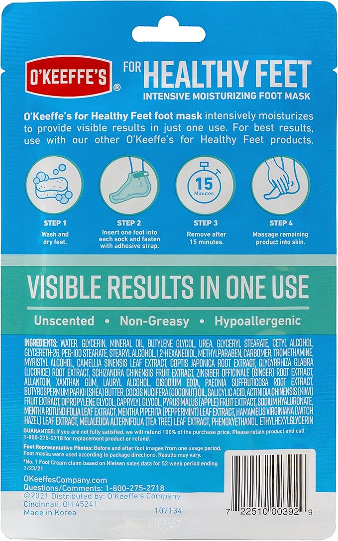 O'Keeffe's for Healthy Feet Intensive Moisturizing Foot Mask; Guaranteed Relief for Extremely Dry; Rough Feet; One Pair Single-Use Hydrating Foot Mask Socks; (Pack of 4)