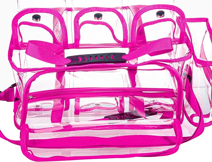 Wide Opening Large Professional Clear PVC Travel Makeup Artist Set Cosmetic Nails Beauty Bag Transparent Vinyl Tool Organizer Work Beach Diaper With 6 External Pockets & Strap (Pink)