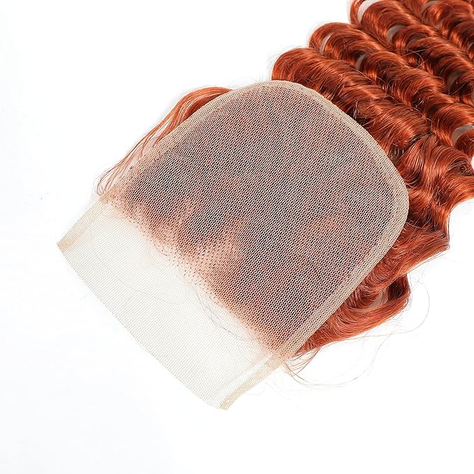 Deep Wave Human Hair Bundles with 4x4 Closure Free Part Ginger Orange Human Hair Bundles 12 14 16 Inch with Closure 12 Inch Burnt Orange Deep Curly Hair Extension