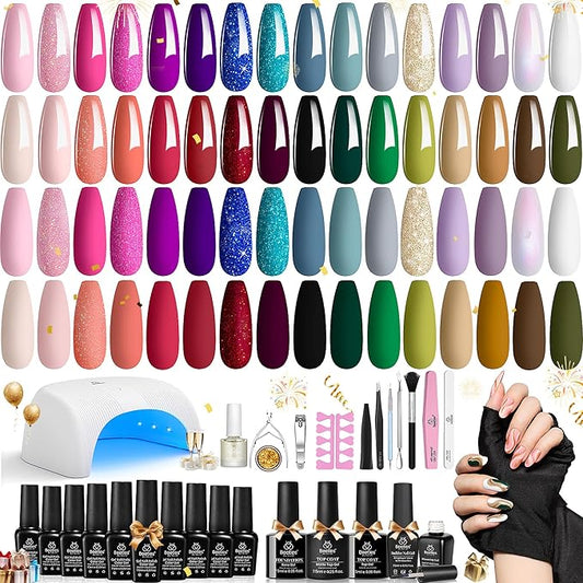 Beetles Gel Nail Polish Set With UV Light - 53Pcs Starter Kit, 32 Spring Colors, Pink Burgundy Red Glitter, Builder Blooming Gel, Manicure Kit Gifts for Women