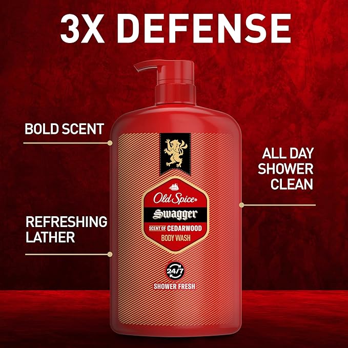 Old Spice Refreshing Body Wash for Men, 3X Defense, 24/7 Shower Fresh with Long Lasting Scent, Red Collection, Swagger with Cedarwood Scent, 33.4 oz (Pack of 4)