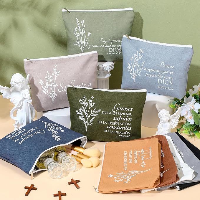 10Pcs Christian Gifts for Women Religious Cosmetic Bags Inspirational Bible Verse Pencil Pouch Canvas Makeup Bags Bulk with Zipper for Mother Sister Church Favors