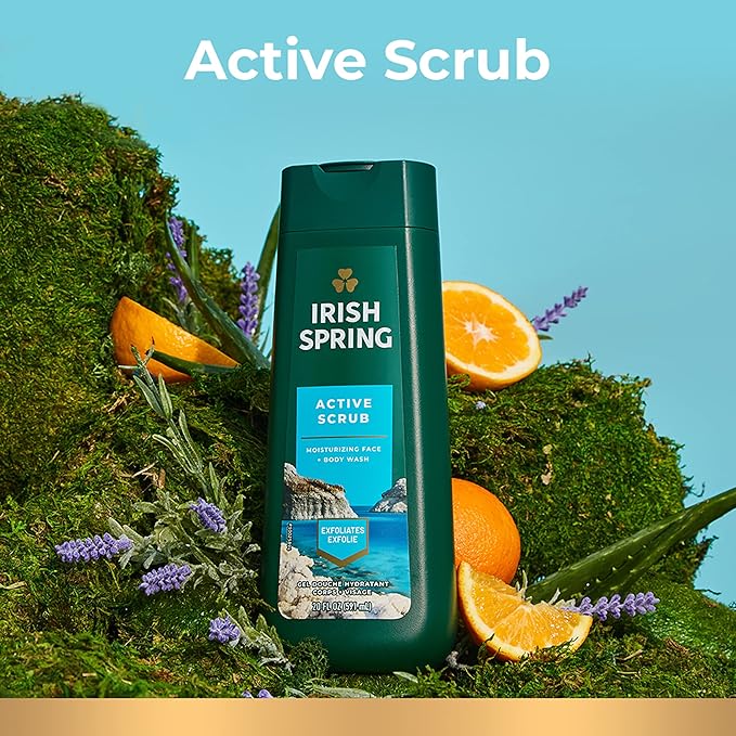 Irish Spring Mens Body Wash, Active Scrub Exfoliating Body Wash for Men, 20 Fl oz (Pack of 4)