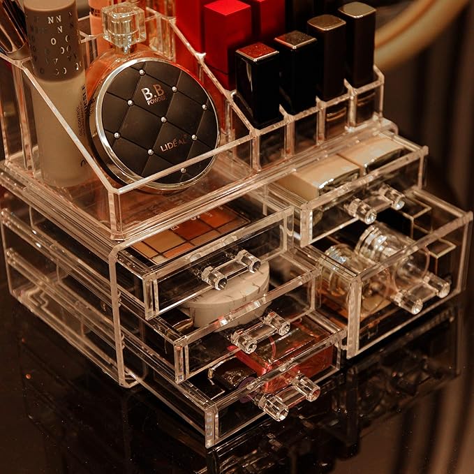 Cq acrylic 2 Pack Clear Makeup Storage Organizer,Stackable 5 Drawers Make up Organizers,Cute Desk Organizer for Vanity Jewelry,Hair Clip,Beauty,Skincare Product Bathroom Counter Organizers and Storage