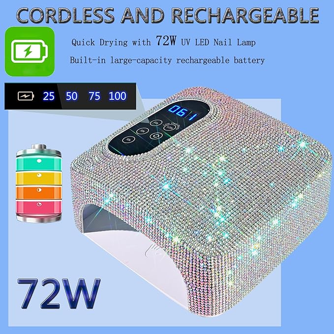 72W UV LED Nail Lamp,Rechargeable Cordless Nail Dryer,Portable UV Led Nail Light with Full Diamond on Surface,Professional Curing Gel Polish Acrylic Nails Tools for Home & Salon