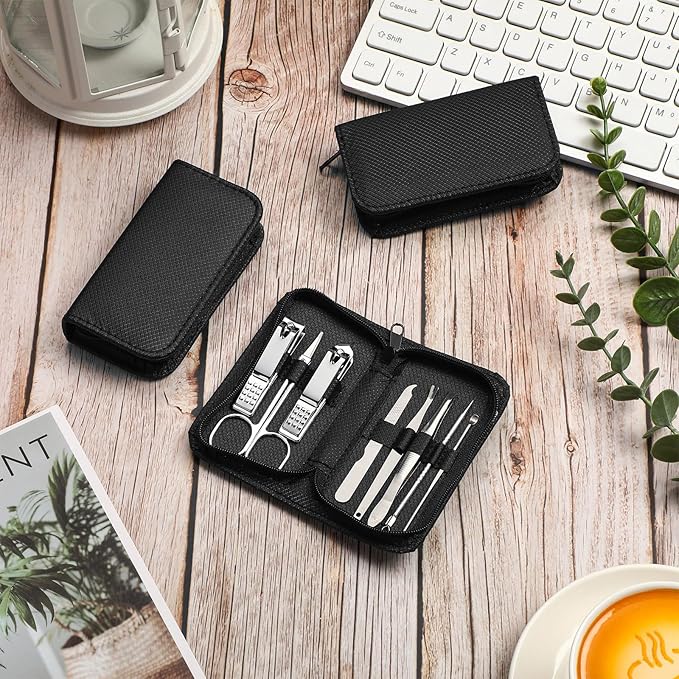 Coume 24 Sets Nail Kit Manicure Set Bulk with Zipper Professional Nail Clippers 8 in 1 Stainless Steel Nail Care Tools with Luxurious Travel Case Gifts for Men Women Friends Colleagues (Black)
