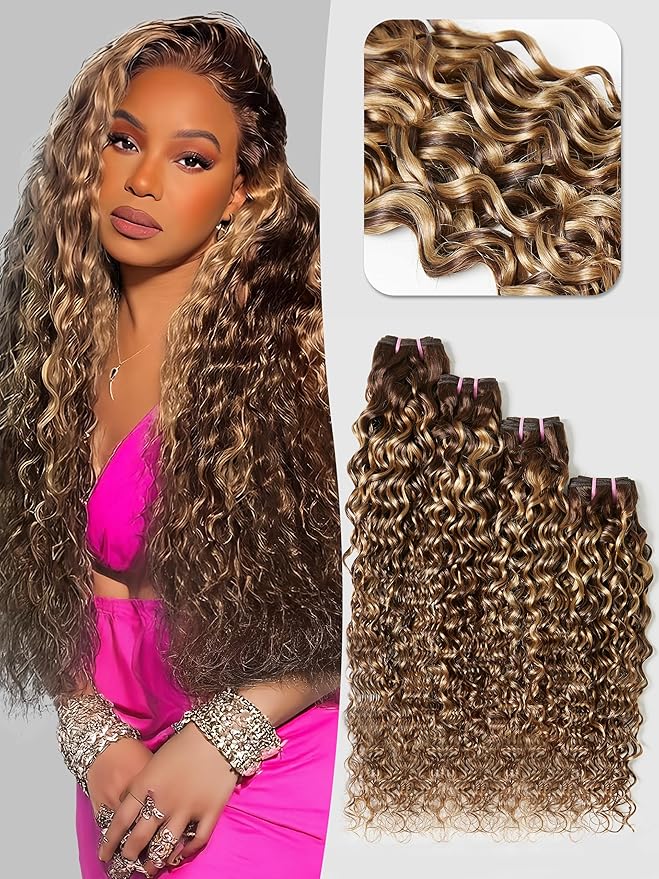 Human Hair Bundles 4 Bundles Hair Extensions 16 18 20 22 Inch Water Wave 100% Unprocessed Curly Brazilian Virgin Hair Wet and Wavy Human Hair Brown Highlight P4/27