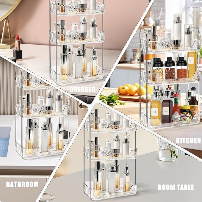 Bathroom Counter Organizer Countertop Storage Skincare Countertop Makeup Organizer Cosmetics Skincare Organizers Holder for Perfume-Clear White-Silver Pole-3 Tier
