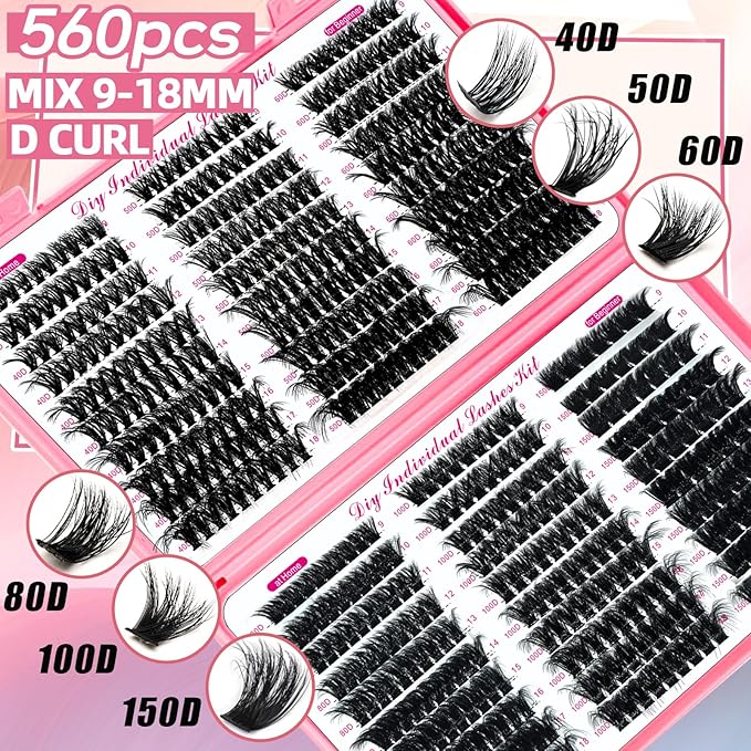 DIY Fluffy Lash Extension Kit 772Pcs D Curl 4 styles Individual Lash with Bottom Lash Clusters Lash Bond and Seal,Quick Glue Remover Tweezers Eyelash Brush Mini Applicator (LASH003)
