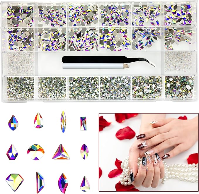 8280 Pcs AB Nail Rhinestones Crystals Multi Shapes Sizes AB Flatback Nail Glass Gems Diamonds for Nail Art Manicure DIY Crafts Jewelry Accessories