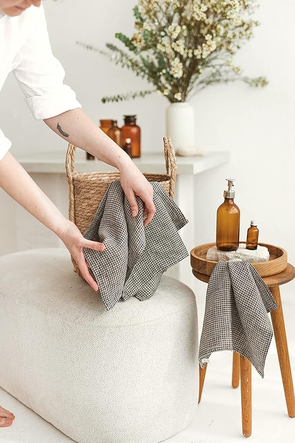 100% Flax Linen Washcloths - 4-Pack 10x10-inch Reusable Waffle Washcloths - Make up Removers Face Cloth - Black-Natural Waffle Weave Wash Cloths - Small Face Towels for Women