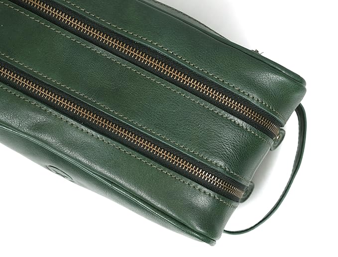 Aaron Leather Goods Leather Toiletry Bag for Men and Women Brown 10.5 Inch (Green)