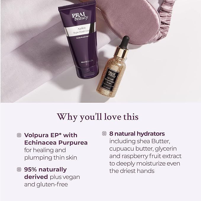 PRAI Beauty Ageless Night Hand Creme Anti-Aging and Nourishing Hand Cream, Hand Cream for Dry Cracked Hands, Paraben-Free, Vegan, Gluten-Free, 2.7 Fl Oz