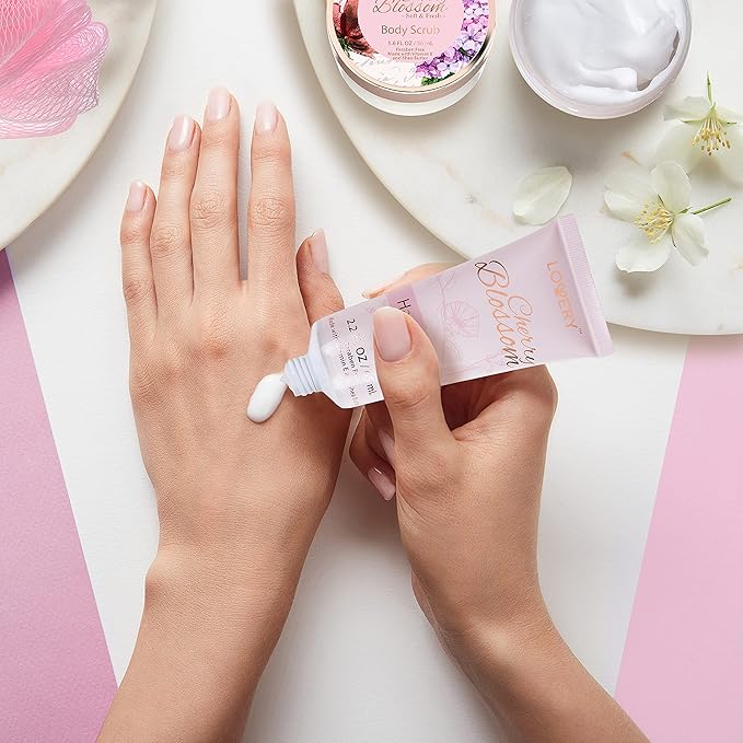 Mothers Day Gifts Bath and Body Gift Basket For Women, Cherry Blossom Home Spa Set, Body Lotion, Shower Gel, Extra Large Bath Bomb, Body Butter, Body Scrub, Bath Crystal, Puff & Rose Gold Cosmetic Bag