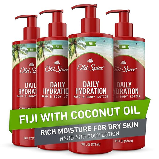 Old Spice Hand & Body Lotion for Men, Daily Hydration, 24/7 Hydration, 24/7 Replenishing Rich Moisture for Dry Skin, Lightweight Formula, Fiji with Coconut Oil Scent, 16 fl (Pack of 4)