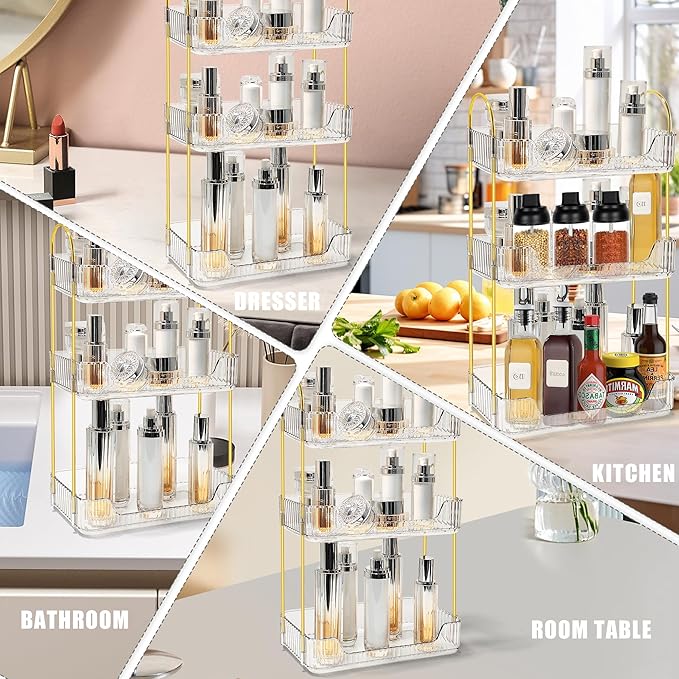Bathroom Counter Organizer Countertop Storage Skincare Countertop Makeup Organizer Cosmetics Skincare Organizers Holder for Perfume-Clear-Golden Pole-3 Tier