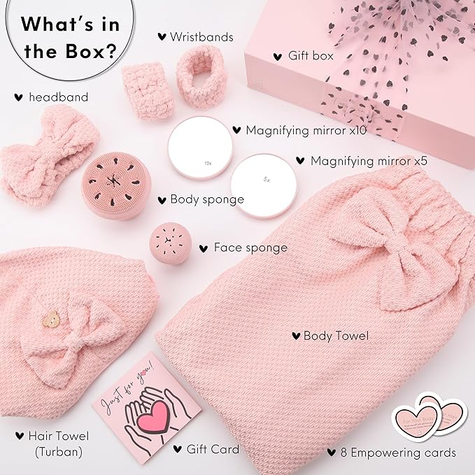 Happy Lolli Power Shower Gift Set: Luxury Bath Accessories Basket for Women & Teen Girls – Includes Body & Hair Towel, Wrist Bands, Headband, Face Sponge & More – Empower Your Routine (Fresh in Pink)