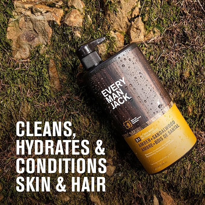 Every Man Jack Amber + Sandalwood Hydrating Mens 3-in-1 All Over Wash for All Skin and Hair Types - Body Wash, Shampoo and Conditioner with Naturally Derived Ingredients - 28.8oz (2 Pack)