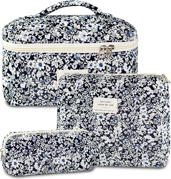 3Pcs Makeup Bag Cotton Quilted Travel Cosmetic Bag Cute Floral Makeup Pouch Large Toiletry Bag for Women Girls (Black Flowers)
