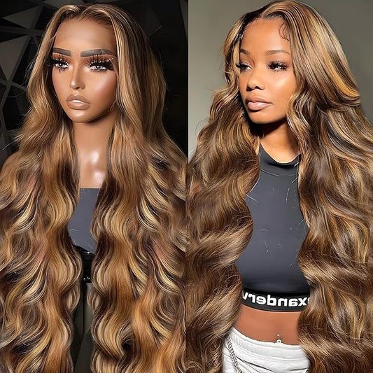 4/27 Highlight Lace Front Wigs Human Hair Ombre Body Wave Human Hair Wigs for Women 13x4 HD Lace Front Wigs Human Hair 180 Density Honey Blonde Wig Human Hair Glueless Wigs Pre Plucked 30 Inch