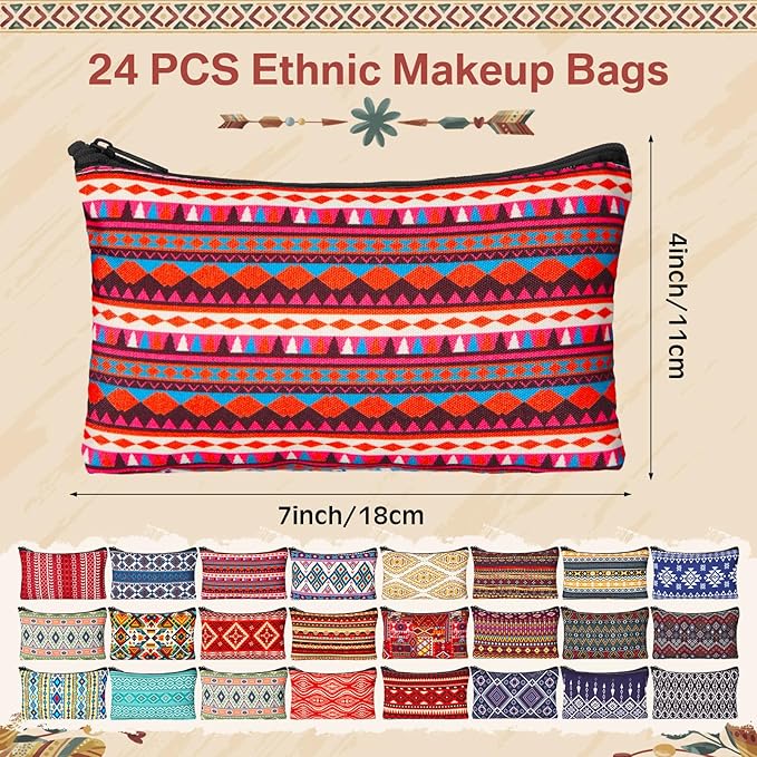 24 Pieces Makeup Bags Bulk Canvas Cosmetic Bags Purse Organizer Zipper Cosmetic Pouch Portable Travel Toiletry Pouch for Women Men Gifts, 7 x 4 Inch(Ethnic)