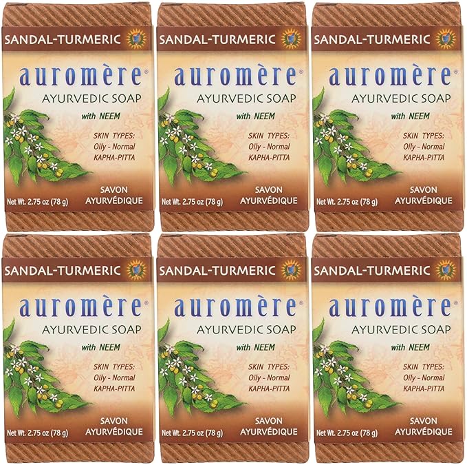 Auromere Ayurvedic Bar Soap, Sandal Turmeric - Eco Friendly, Handmade, Vegan, Cruelty Free, Natural, Non GMO (2.75 oz), 6 pack