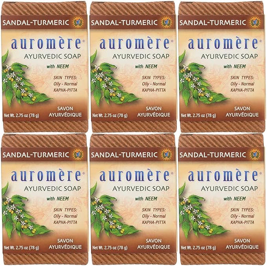 Auromere Ayurvedic Bar Soap, Sandal Turmeric - Eco Friendly, Handmade, Vegan, Cruelty Free, Natural, Non GMO (2.75 oz), 6 pack