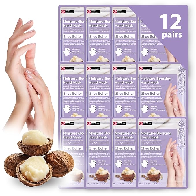 12 Pairs Original Derma Beauty Hand Mask Bulk Moisturizing Hand Gloves for Dry Hands Nail Care Essential (Shea Butter)