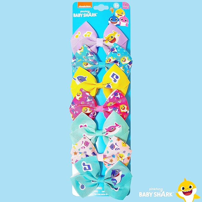 Baby Shark Hair Bows - Hair Accessories Gift Set - Kids Hair Bows - 7 Pcs 4 Inch Bundle - Hair Bows for Girls - Different Character on each Hair Clip - Alligator Clip - Ages 3 +
