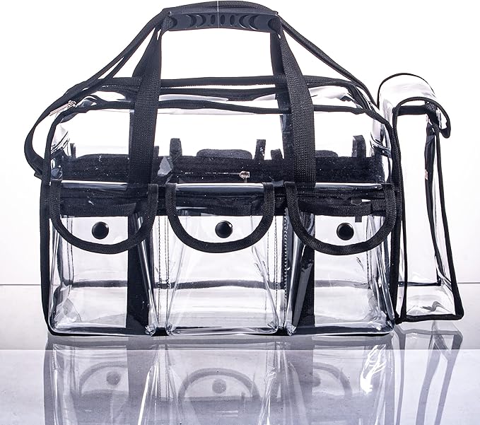 Wide Open Large Professional Clear PVC Travel Makeup Artist Set Cosmetic Nails Beauty Transparent Vinyl Tool Organizer Work Beach Diaper Bag With 6 External Pockets & Strap (Black)