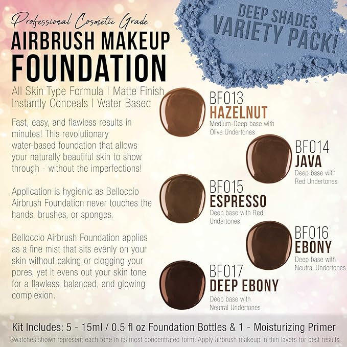 Belloccio Complete Cordless Handheld Airbrush Cosmetic Makeup System with 5 Dark Foundation Shades, Professional 18-Piece Kit, Moisturizing Primer, Blush, Bronzer, Highlighter, Concealer, User Guide