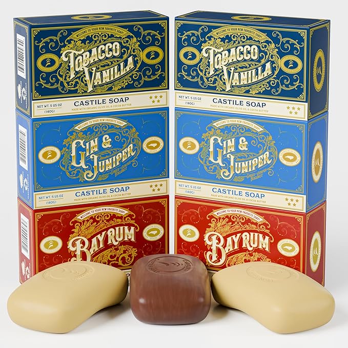 Carolina Castile Soap Vegan Castile Bar Soap – Variety 6 Pack of Natural Soap for Men, Women, and Kids – Gentle, Hydrating Castile Soap Bars with Organic Cocoa Butter and Olive Oil, 5 Oz. Each
