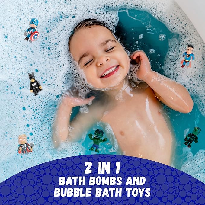 Superhero Boys Bath Bombs with Surprise Hero Toys Inside (12 Pack) - Large Bubble Bomb, Fruity Scents, Relaxing Aromas - Ideal Birthday Gift for Kids by Two Sisters