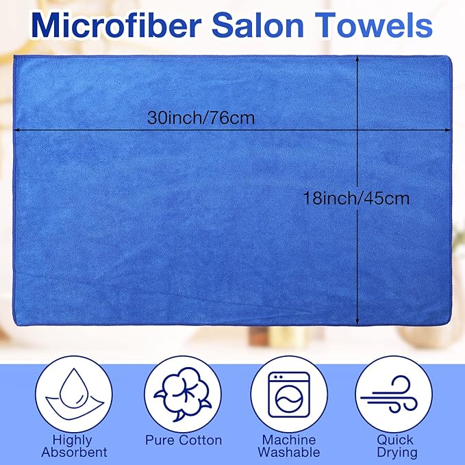 Newwiee 72 Pack Microfiber Bleach Proof Towels Bulk for Salon 18 x 30 Inch Dry Lint Free Hair Drying Hand Towels for Hair, Gym, Bath, Spa, Shaving, Barber(Blue)