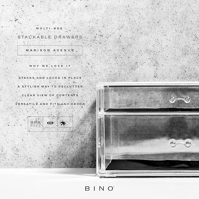 BINO | 2 Drawer Makeup Organizer - Madison Avenue | THE MANHATTAN SERIES | Makeup Drawer Organizer | Makeup Storage | Cosmetic Organizer | Vanity Organizer | Clear Makeup Organizers And Storage Cases