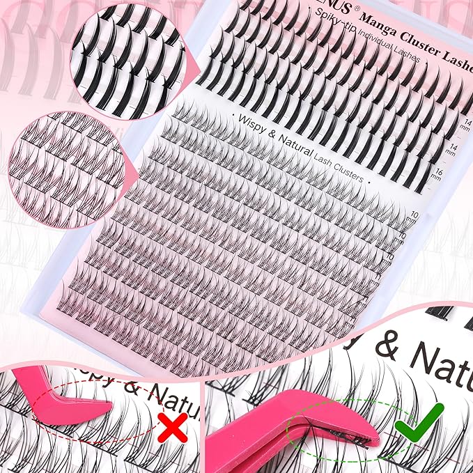 Manga Lash Clusters Kit Wispy Eyelashes Cluster & Spiky-tip Individual Lashes Mixed Cluster Eyelash Extensions Kit 200pcs DIY Lashes Extension Kit C Curl Lash Clusters Wispy Anime Lash Kit