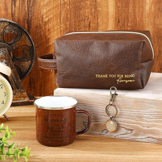 Dandat 3 Pcs Thank You Gift for Men Employee Appreciation Gift Leather Toiletry Bag 12 oz Inspirational Enamel Mug Motivational Keychain May You Be Proud Sign for Coach Men Teacher Male Staff (Brown)