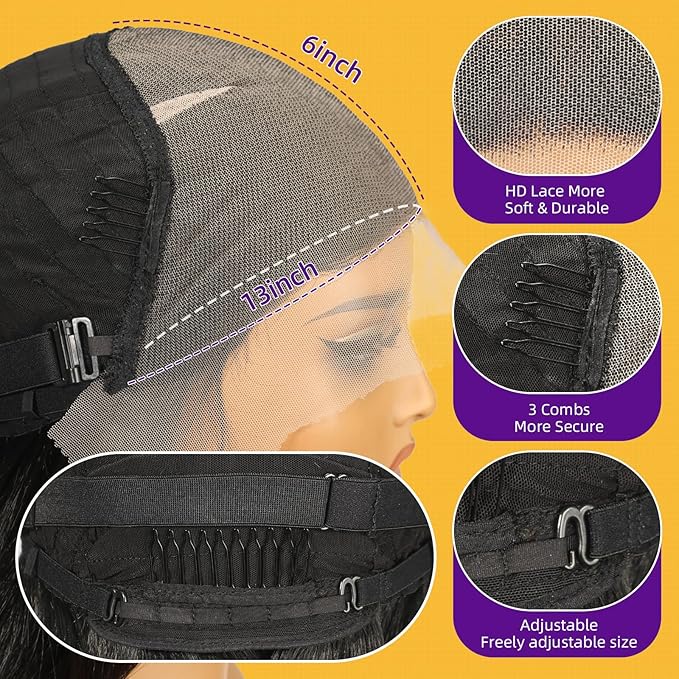 Black Synthetic Lace Front Wig,13X6 HD Long Straight Glueless Wig for Women Daily Use 20IN（1B）