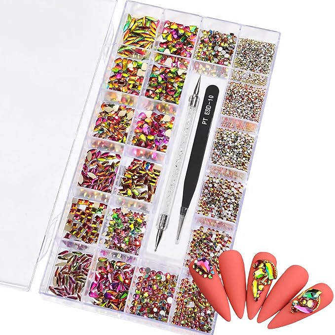 12 Types of Colorful 600 Diamonds + 2500 Flat Rhinestones Mix 20 Styles Flatback DIY Crafts Rhinestone Crystals 3D Decorations Flat Back Stones Set +Tweezers + Drill Pen