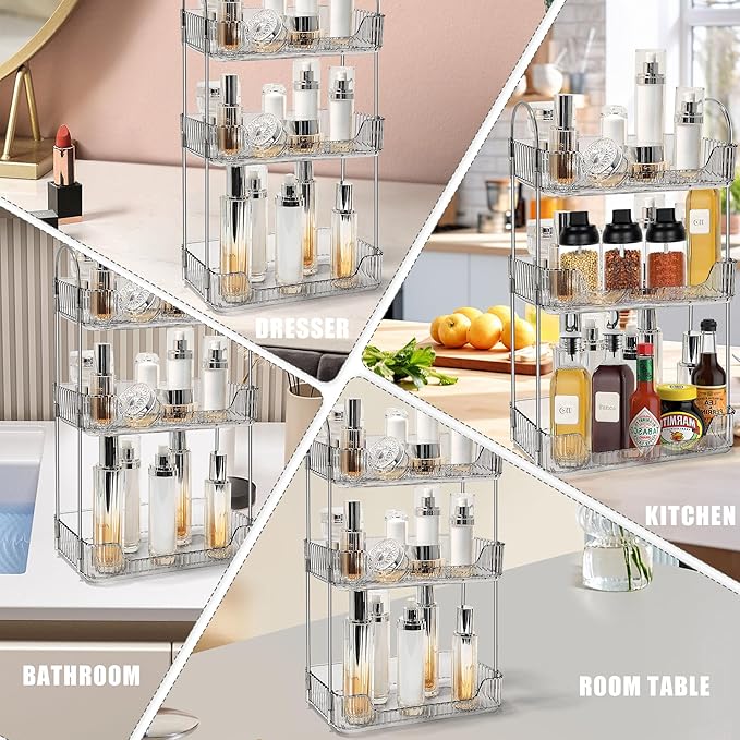Bathroom Counter Organizer Countertop Storage Skincare Countertop Makeup Organizer Cosmetics Skincare Organizers Holder for Perfume-Grey-Silver Pole-3 Tier